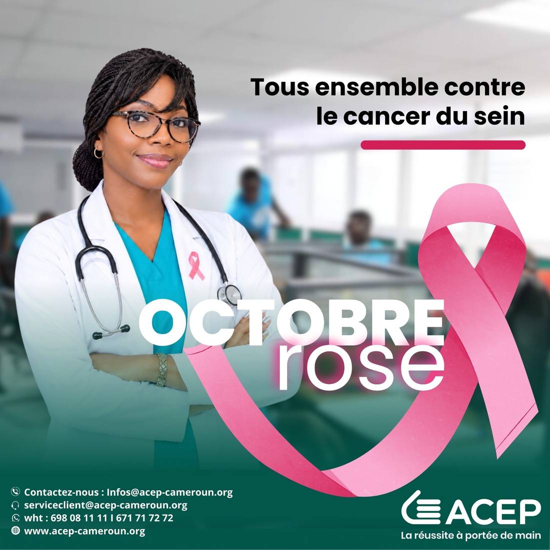 Affiche Octobre rose d'ACEP Cameroun : tous ensemble contre le cancer du sein